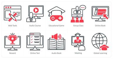 A set of 10 online education icons as web tools, audio course, educational game vector
