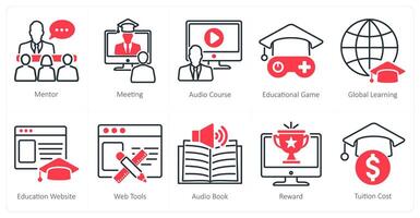 A set of 10 online education icons as mentor, meeting, audio course vector