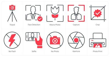A set of 10 photography icons as tripod, face detection, macro photo vector