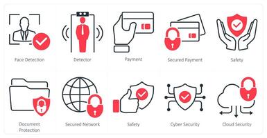 A set of 10 security icons as face detection, detector, payment, secured payment vector