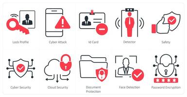 A set of 10 security icons as lock profile, cyber attack, id card vector