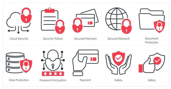 A set of 10 security icons as cloud security, security policies, secured payment vector