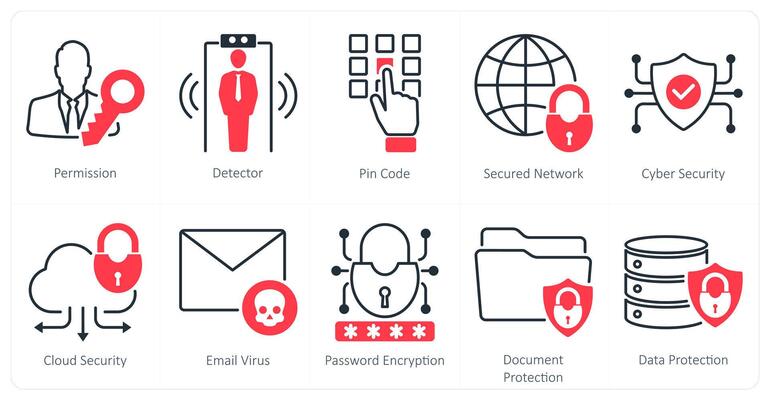A set of 10 security icons as permission, detector, pin code
