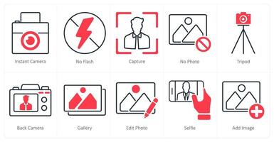 A set of 10 photography icons as instant camera, no flash vector