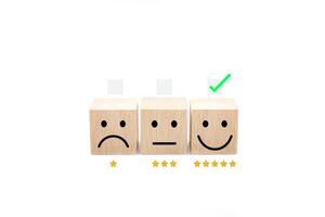 Satisfaction rating on wooden blocks and satisfaction marks. Evaluate quality of service, customer service and feedback survey concept. photo