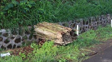 The object is a collection of bamboo pieces on the edge of a cast fence photo