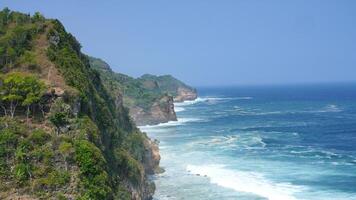 Amazing beach views and high cliffs on the edge of the beach. Rolling waves and white foam and surrounded by green plants photo