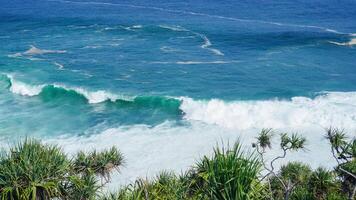 view of rolling waves and ocean from the top front view and surrounded by green plants. The beach is very beautiful. Idea as background, holiday, poster photo