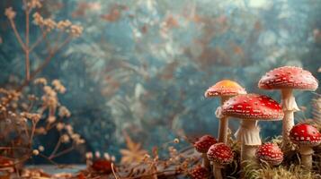 A group of red mushrooms are on a mossy surface photo
