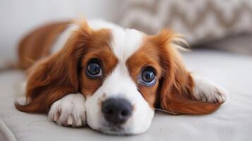 A brown and white dog with blue eyes lays on a couch photo