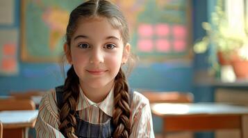 A young girl with braided hair is sitting in a classroom and smiling photo