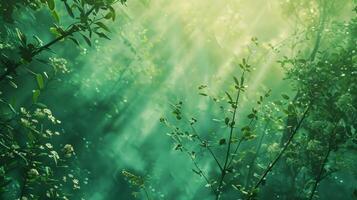 A lush green forest with sunlight shining through the trees photo