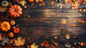 A wooden background with a variety of fall foliage including leaves and pumpkins photo