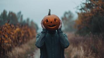 A person is holding a pumpkin with a smile on their face photo