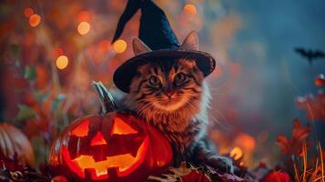A cat wearing a black hat is sitting next to a pumpkin photo