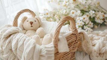 un blanco osito de peluche oso es sentado en un cesta con un blanco cobija foto