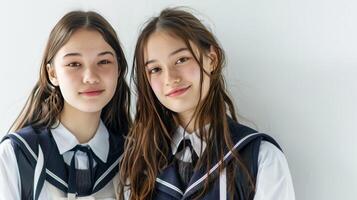 Two girls wearing school uniforms and smiling at the camera photo