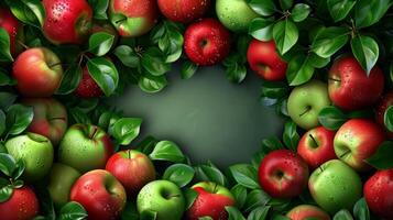 A bunch of apples are shown in a green leafy background photo
