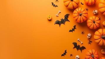 A Halloween themed background with bats and skulls photo