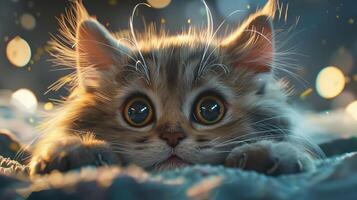 A cat with its eyes wide open is laying on a bed photo