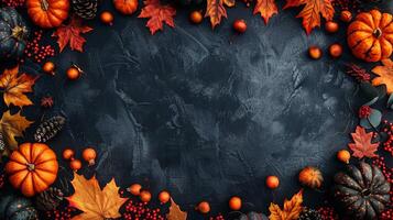 A black background with a frame of orange leaves and pumpkins photo