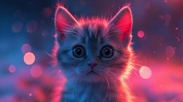 A kitten with a pinkish glow on its face is staring at the camera photo