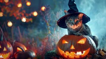 A cat wearing a black hat sits on top of a pumpkin photo