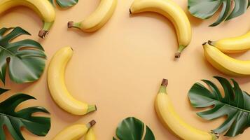 A bunch of bananas are arranged in a circle with leaves in the background photo