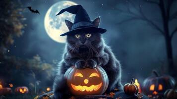 A black cat wearing a witch's hat is sitting on a pumpkin photo