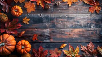 A wooden background with a variety of fall foliage including leaves and pumpkins photo