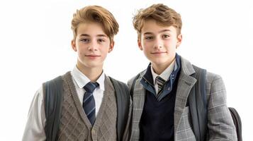 Two young boys wearing school uniforms and ties are posing for a picture photo