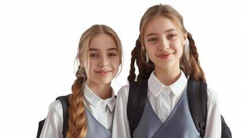 Two girls are smiling and wearing school uniforms photo