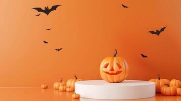 A Halloween scene with a pumpkin on a pedestal and bats flying around it photo