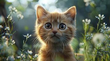 A cute orange kitten is staring at the camera in a field of flowers photo