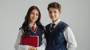 Two young people are standing next to each other, both wearing school uniforms photo