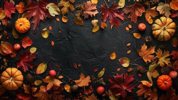 A black background with a large pile of leaves and a pumpkin photo