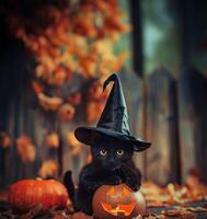 A black cat wearing a witch's hat is holding a pumpkin in its mouth photo