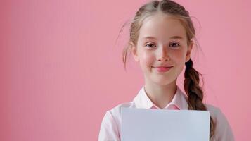 A young girl is smiling and holding a piece of paper photo