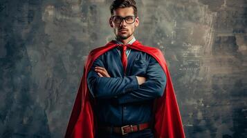 A man in a red cape and glasses stands in front of a wall photo