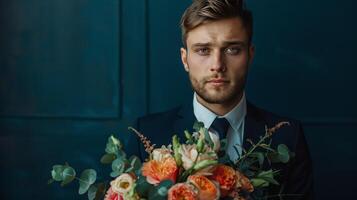 A man in a suit holding a bouquet of flowers photo
