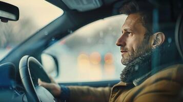 A man is driving a car and looking at the road photo