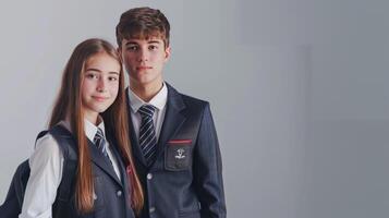 A young man and woman are dressed in school uniforms photo