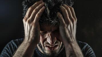 A man with his hands on his head, looking down photo