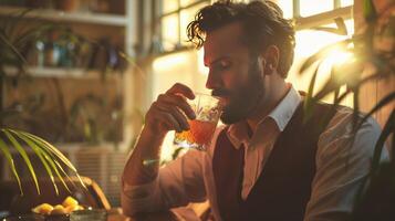 A man in a vest is drinking a glass of liquor photo