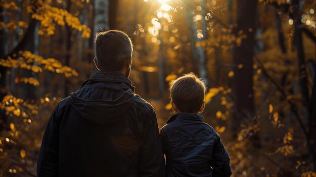 A man and a boy are standing in a forest, looking at the sun photo