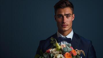 A man in a suit holding a bouquet of flowers photo