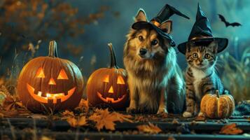 A dog and a cat are wearing Halloween hats and standing in front of pumpkins photo