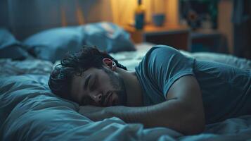 A man is sleeping on a bed with a blue shirt photo