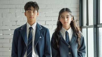 Two young people wearing school uniforms stand in front of a brick wall photo