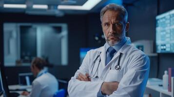 A man in a white lab coat stands in front of a computer monitor photo